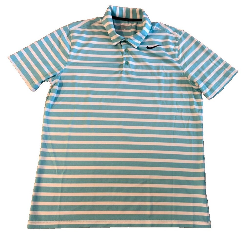 NIKE GOLF Shirt Men's Size Medium Dri-Fit Striped Short Sleeve Aqua Teal Polo